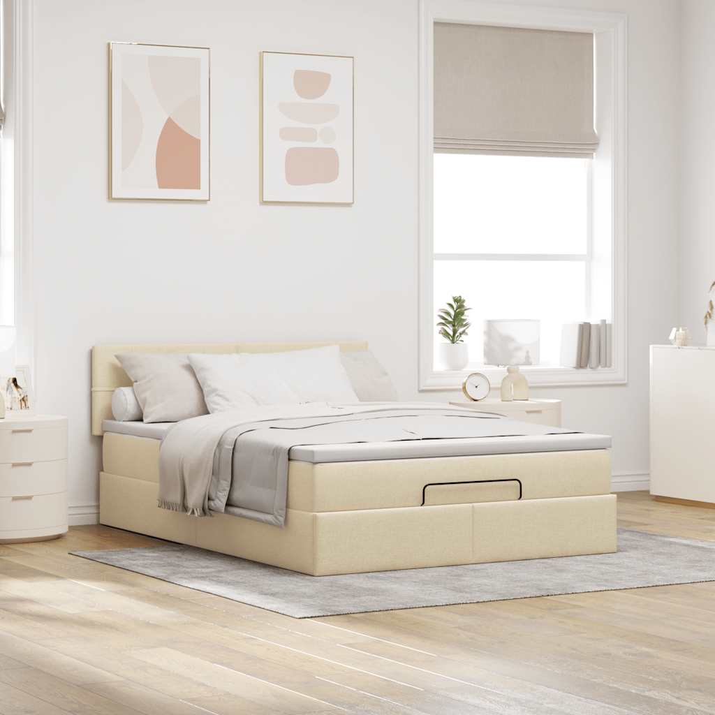Cama otomana com colchão & leds creme 140x190cm tecido