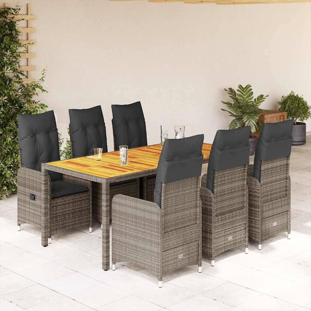 7 Pcs conjunto bistrô de jardim c/ almofadões vime PE cinza