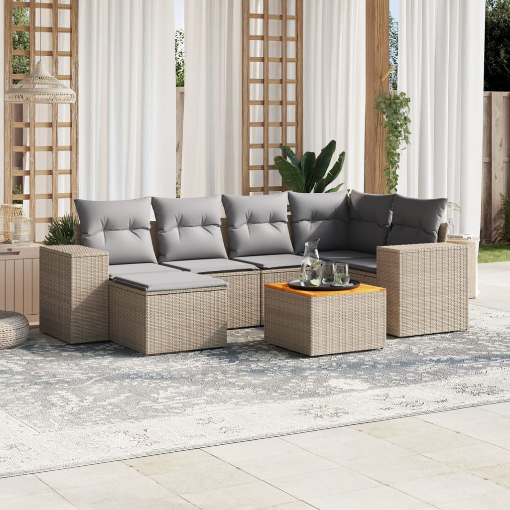 7 Pcs conjunto de sofás p/ jardim com almofadões vime PE bege