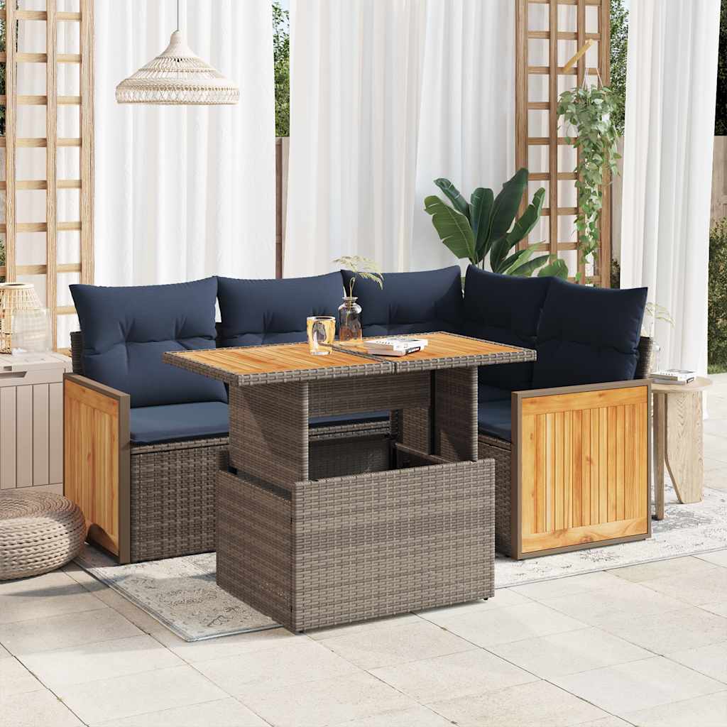 5 Pcs conjunto sofás de jardim c/ almofadões acácia e vime PE