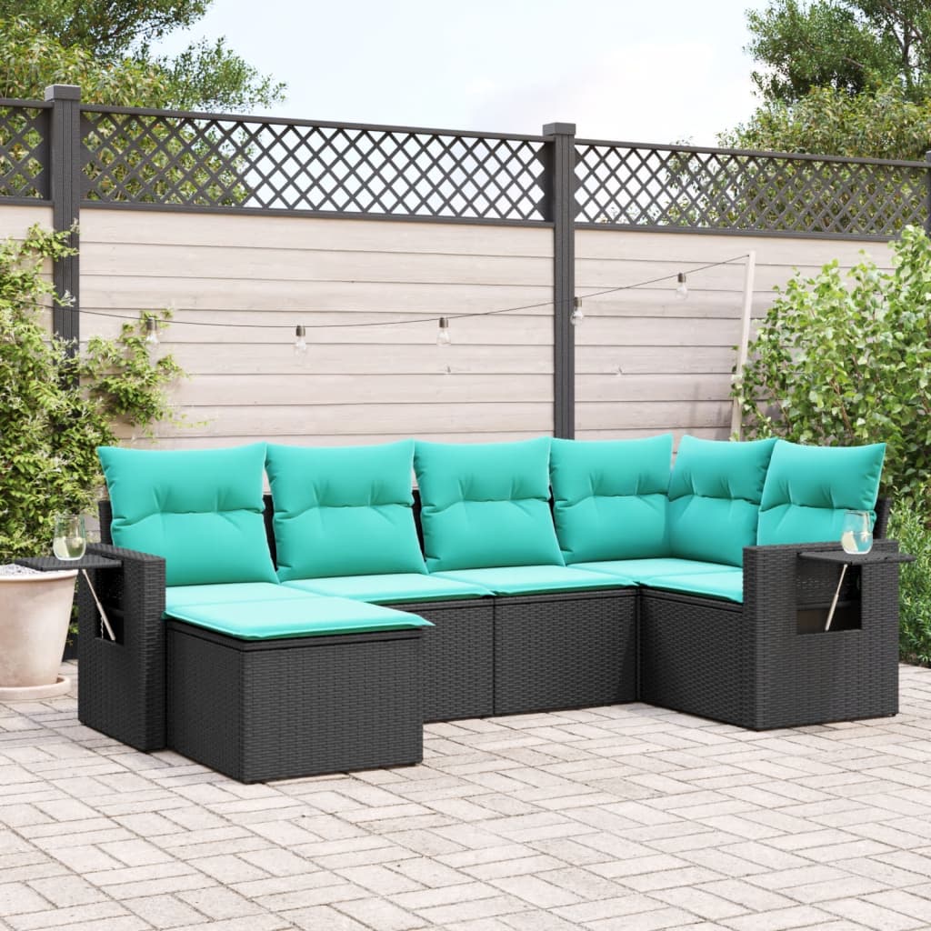 Conjunto de sofá de jardim com 6 peças e almofadas em rattan sintético preto