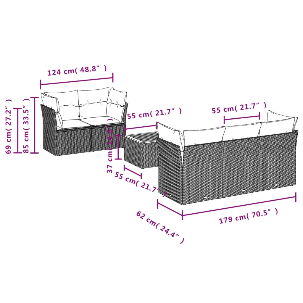 6 Pcs conjunto de sofás p/ jardim com almofadões vime PE bege