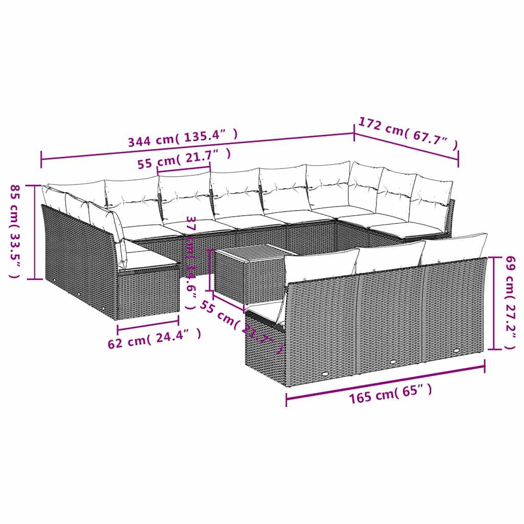 14 Pcs conjunto de sofás p/ jardim c/ almofadões vime PE preto