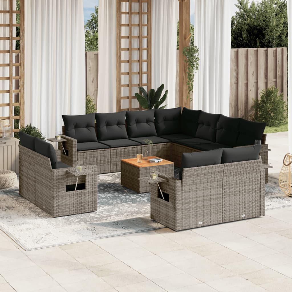12 Pcs conjunto de sofás jardim c/ almofadões vime PE cinzento
