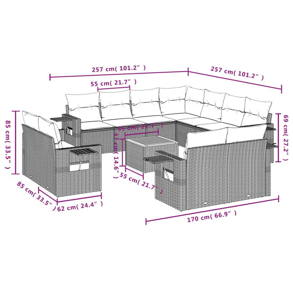12 Pcs conjunto de sofás jardim c/ almofadões vime PE cinzento