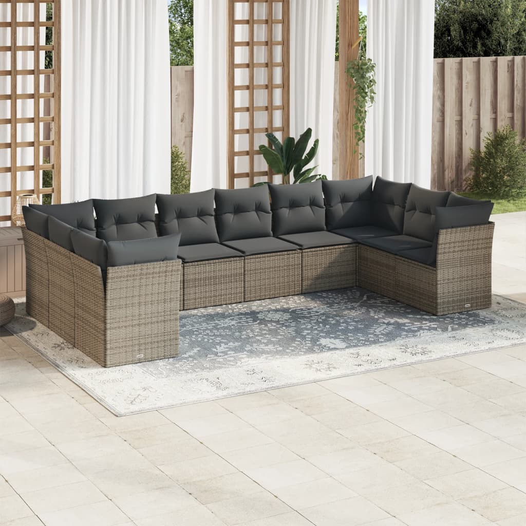 10 Pcs conjunto sofás de jardim c/ almofadões vime PE cinzento