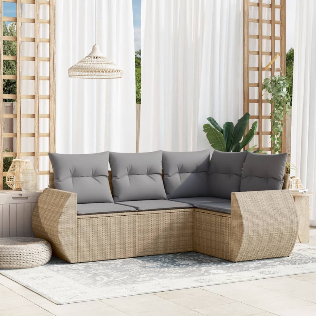 4 Pcs conjunto de sofás para jardim c/ almofadões vime PE bege