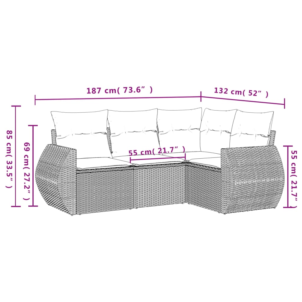 4 Pcs conjunto de sofás para jardim c/ almofadões vime PE bege