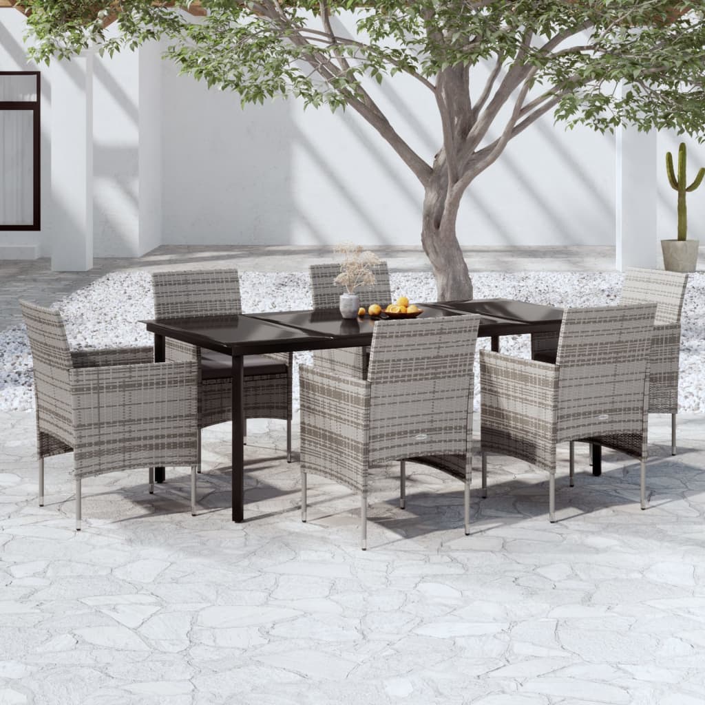 7 Pcs conjunto de jantar p/ jardim c/ almofadões cinza e preto