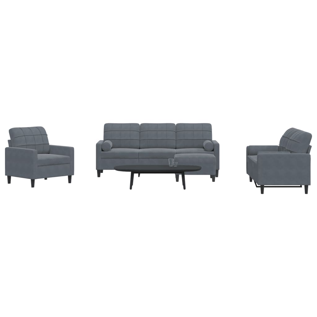 4 Pcs conjunto sofás com almofadões e rolos veludo cinza-escuro