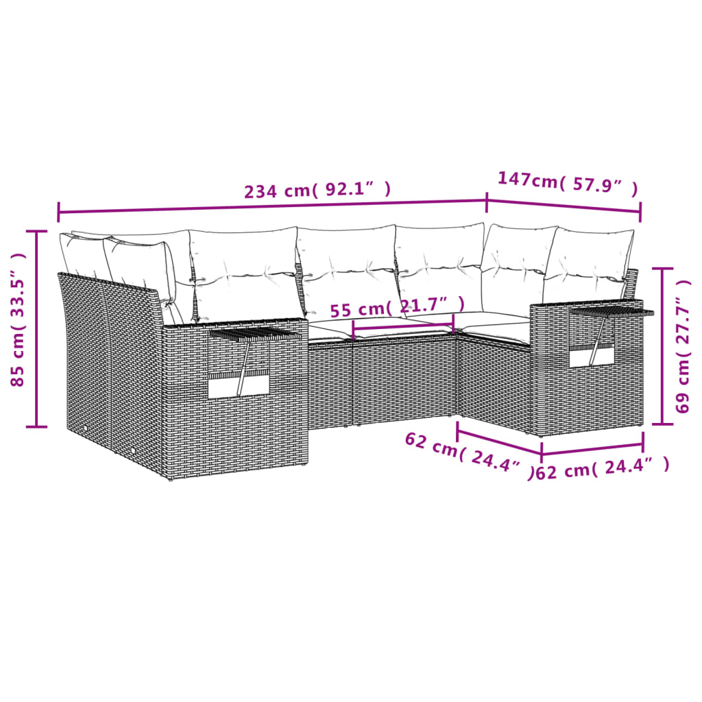 6 Pcs conjunto de sofás p/ jardim com almofadões vime PE bege
