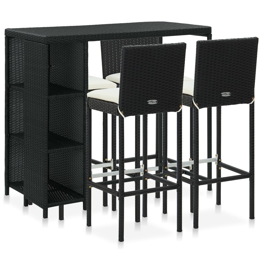 5 Pcs conjunto de bar p/ jardim c/ almofadões vime PE preto