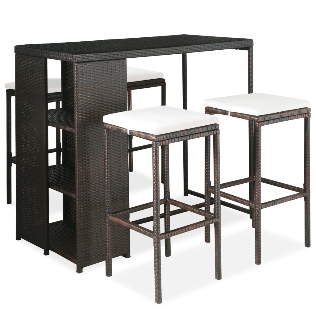 5 Pcs conjunto de bar p/ jardim com almofadões vime PE castanho