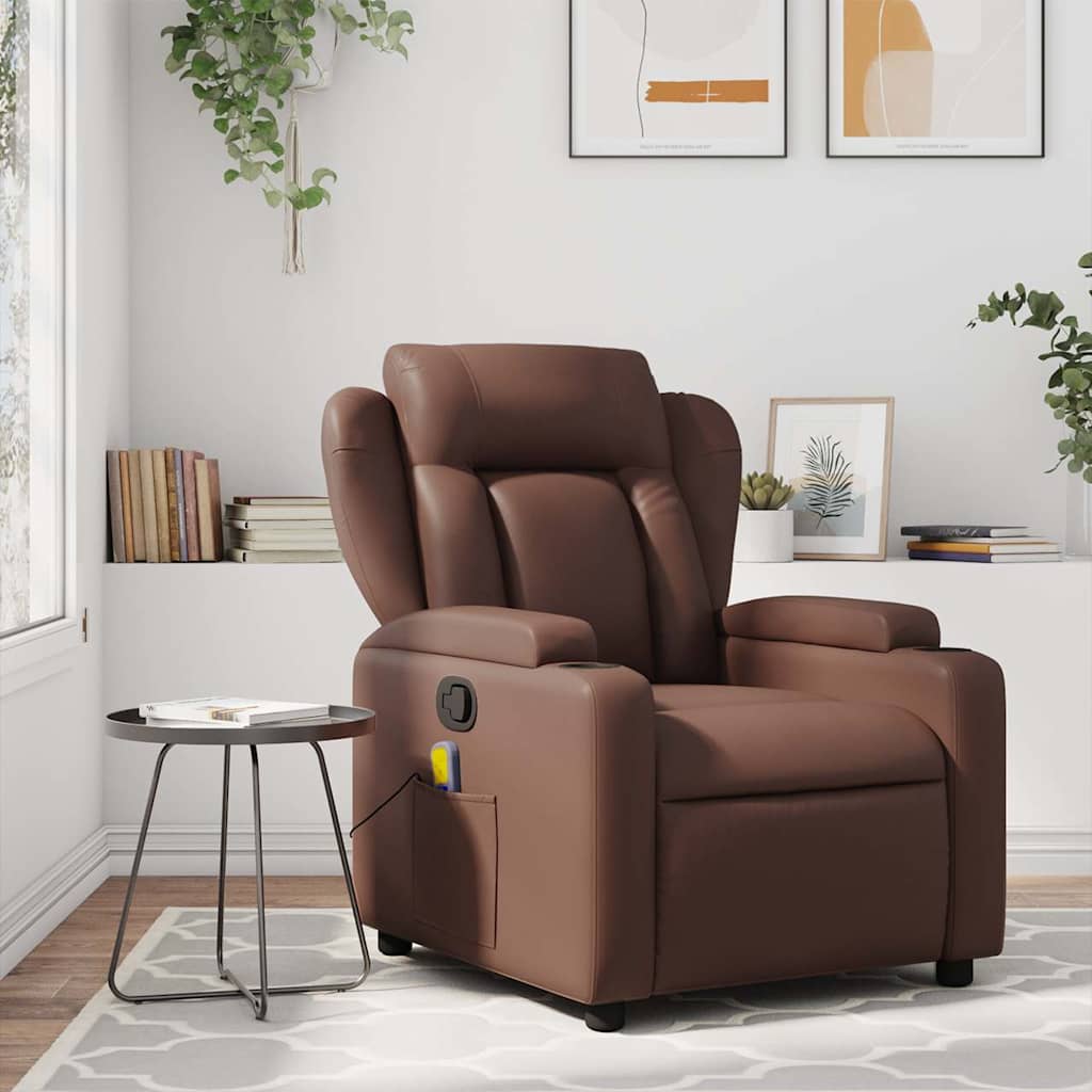 Poltrona de massagens reclinável couro artificial castanho