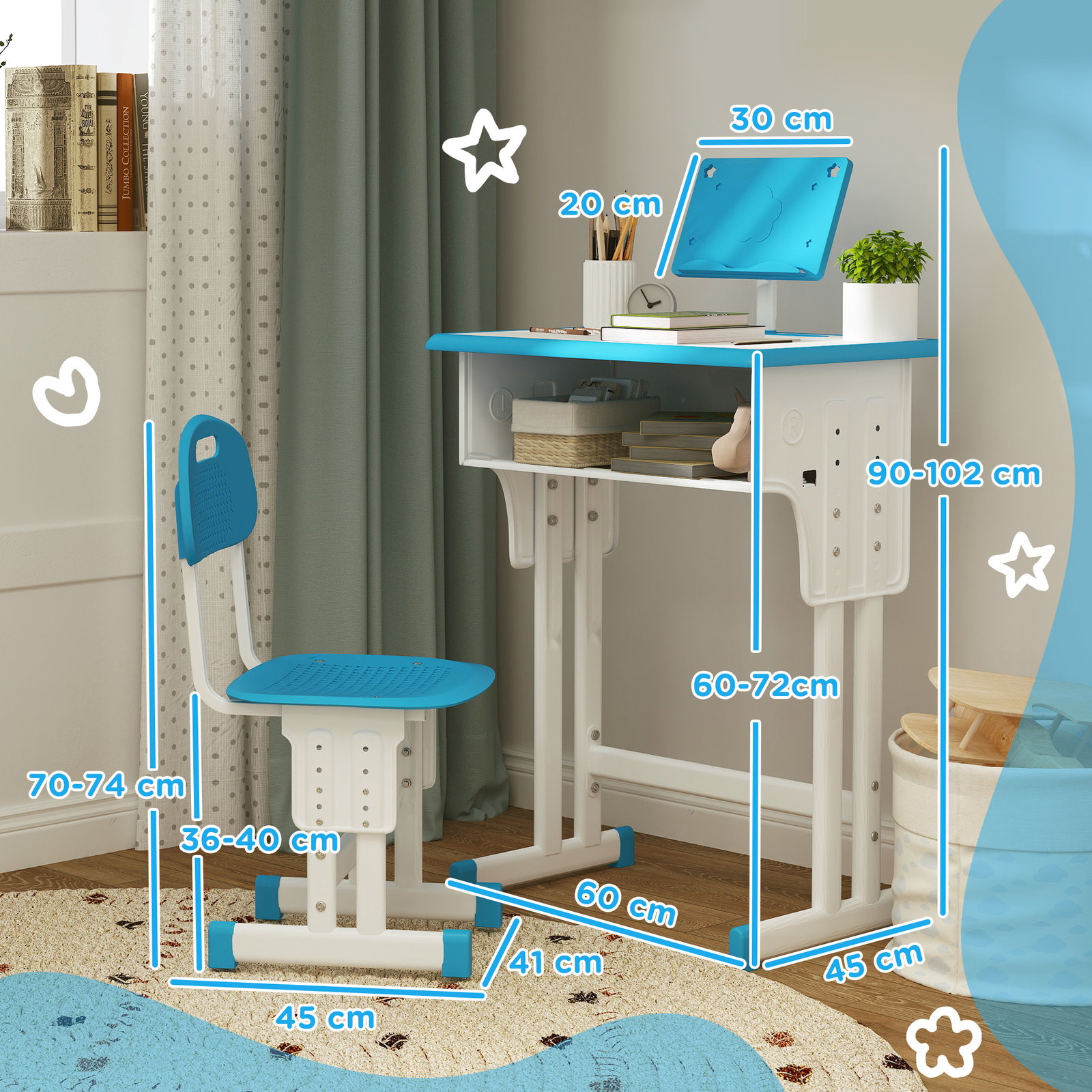 Conjunto de secretária e cadeira para crianças com altura ajustável 1 gaveta e 1 prateleira para livros 60x45x90-120 cm azul