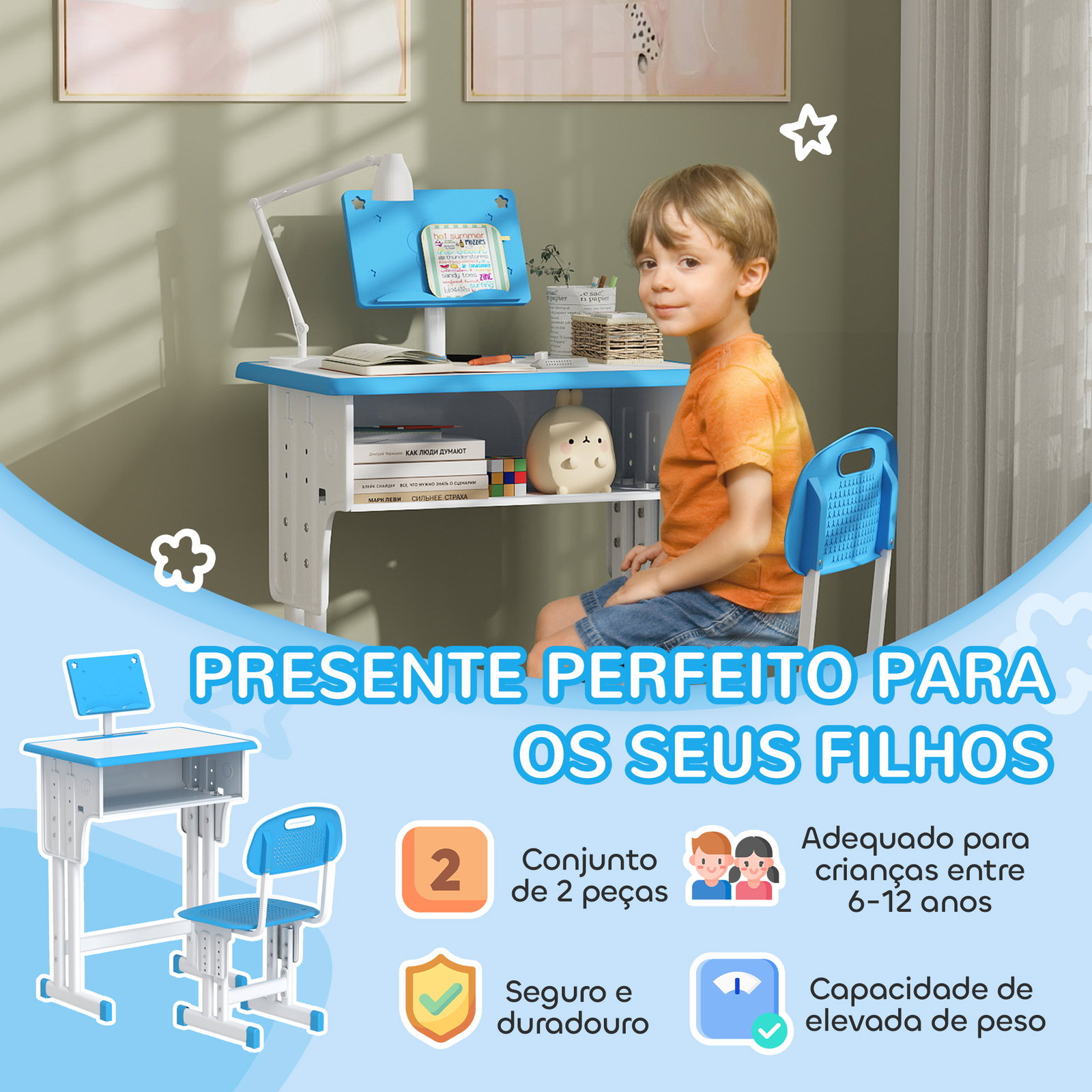 Conjunto de secretária e cadeira para crianças com altura ajustável 1 gaveta e 1 prateleira para livros 60x45x90-120 cm azul