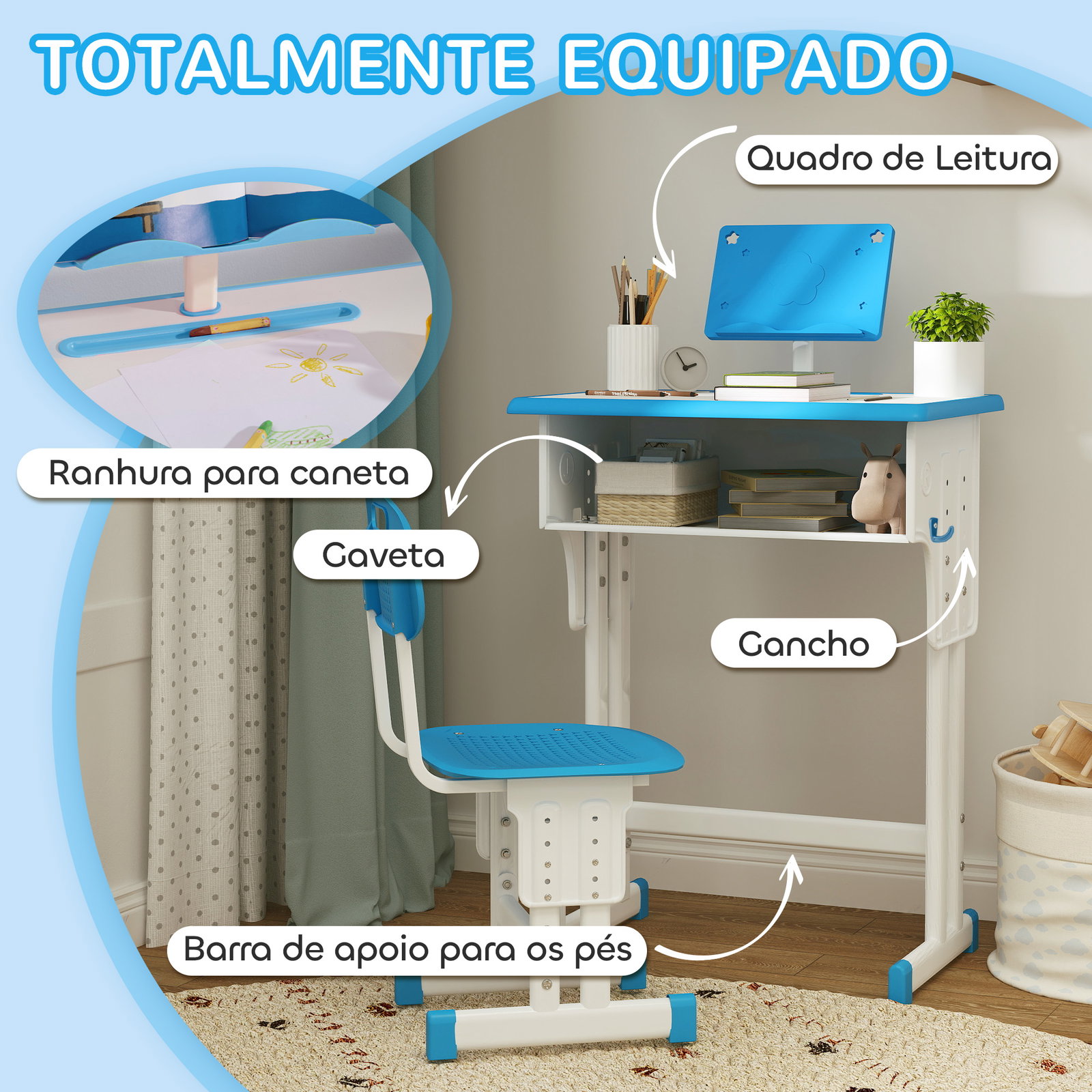 Conjunto de secretária e cadeira para crianças com altura ajustável 1 gaveta e 1 prateleira para livros 60x45x90-120 cm azul