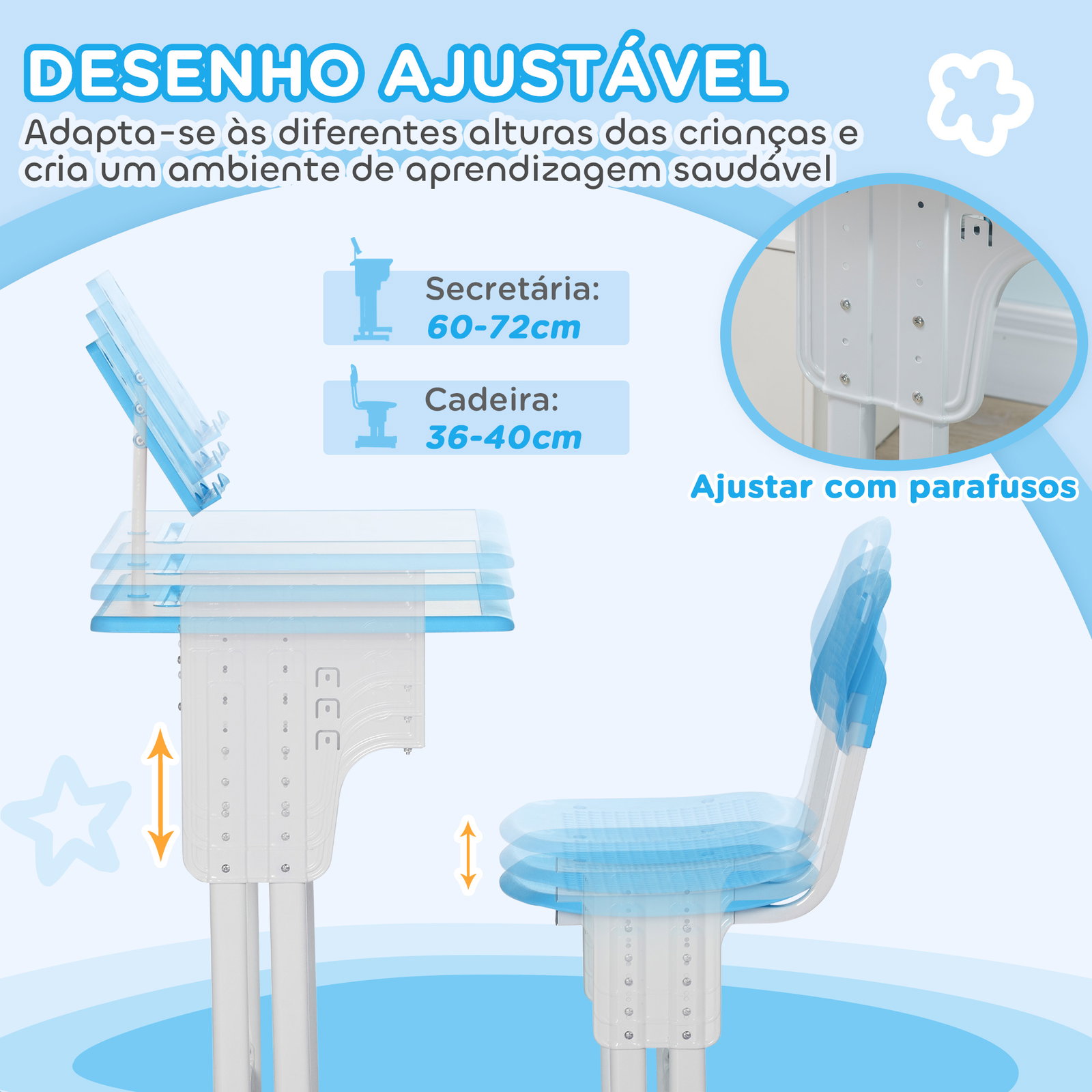 Conjunto de secretária e cadeira para crianças com altura ajustável 1 gaveta e 1 prateleira para livros 60x45x90-120 cm azul