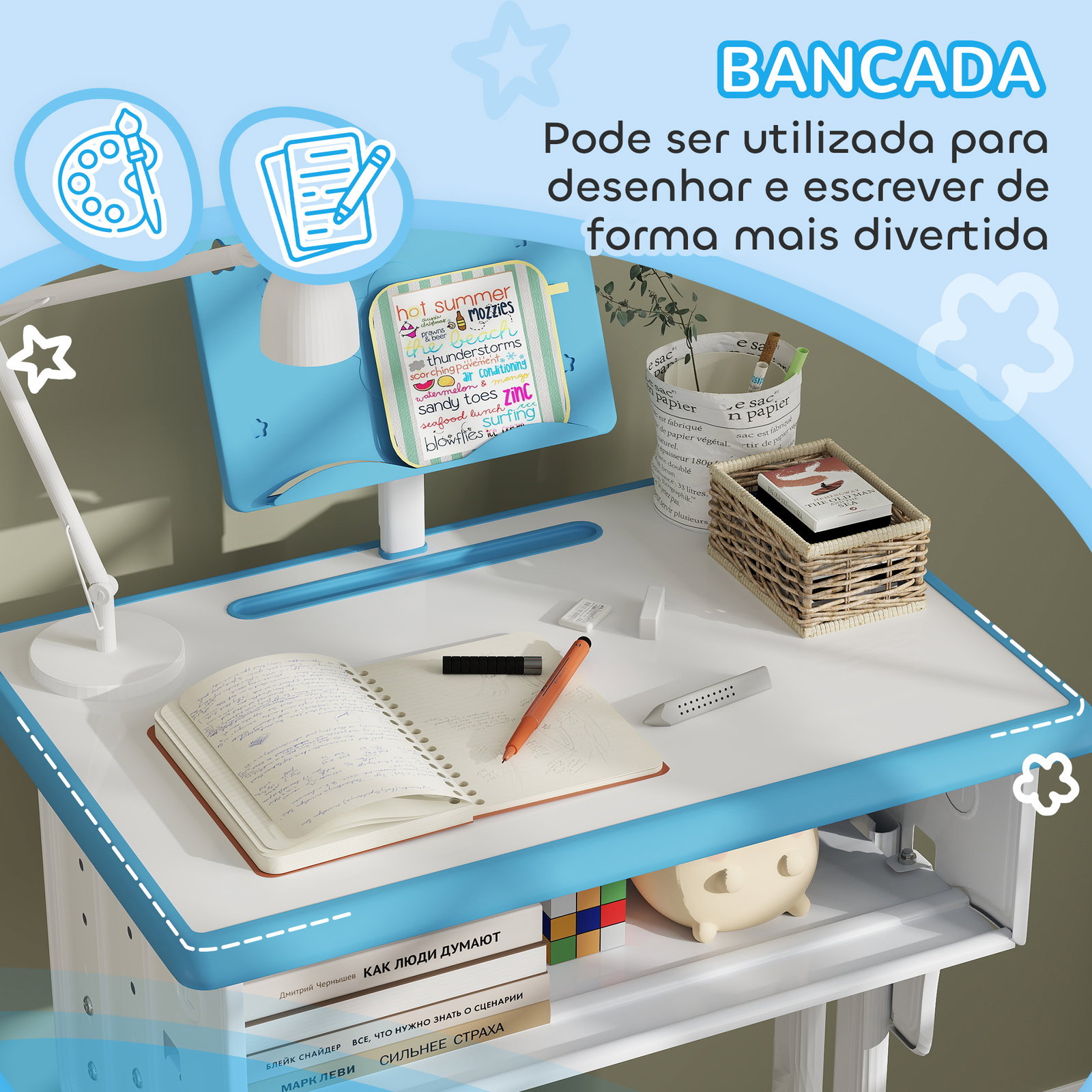 Conjunto de secretária e cadeira para crianças com altura ajustável 1 gaveta e 1 prateleira para livros 60x45x90-120 cm azul