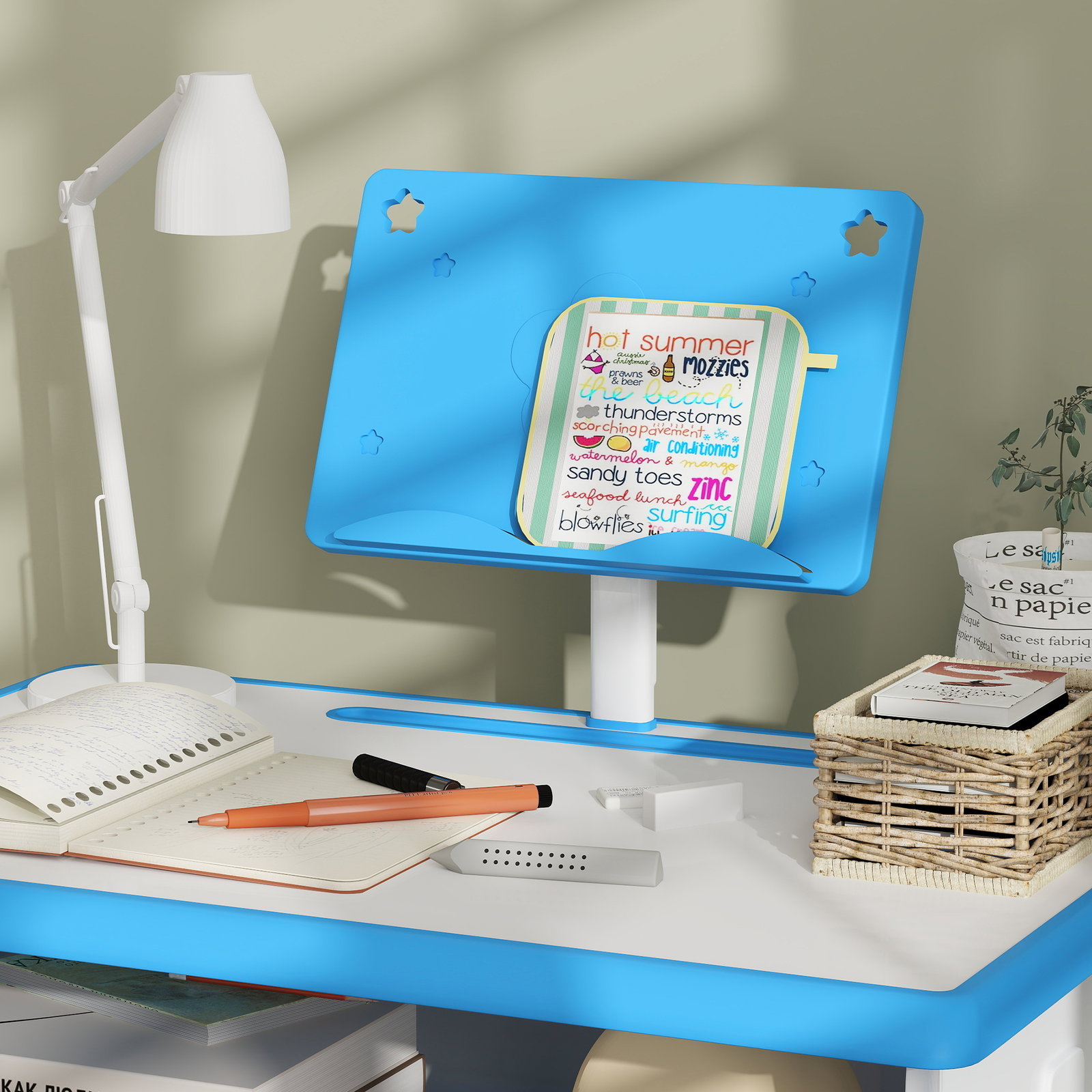 Conjunto de secretária e cadeira para crianças com altura ajustável 1 gaveta e 1 prateleira para livros 60x45x90-120 cm azul