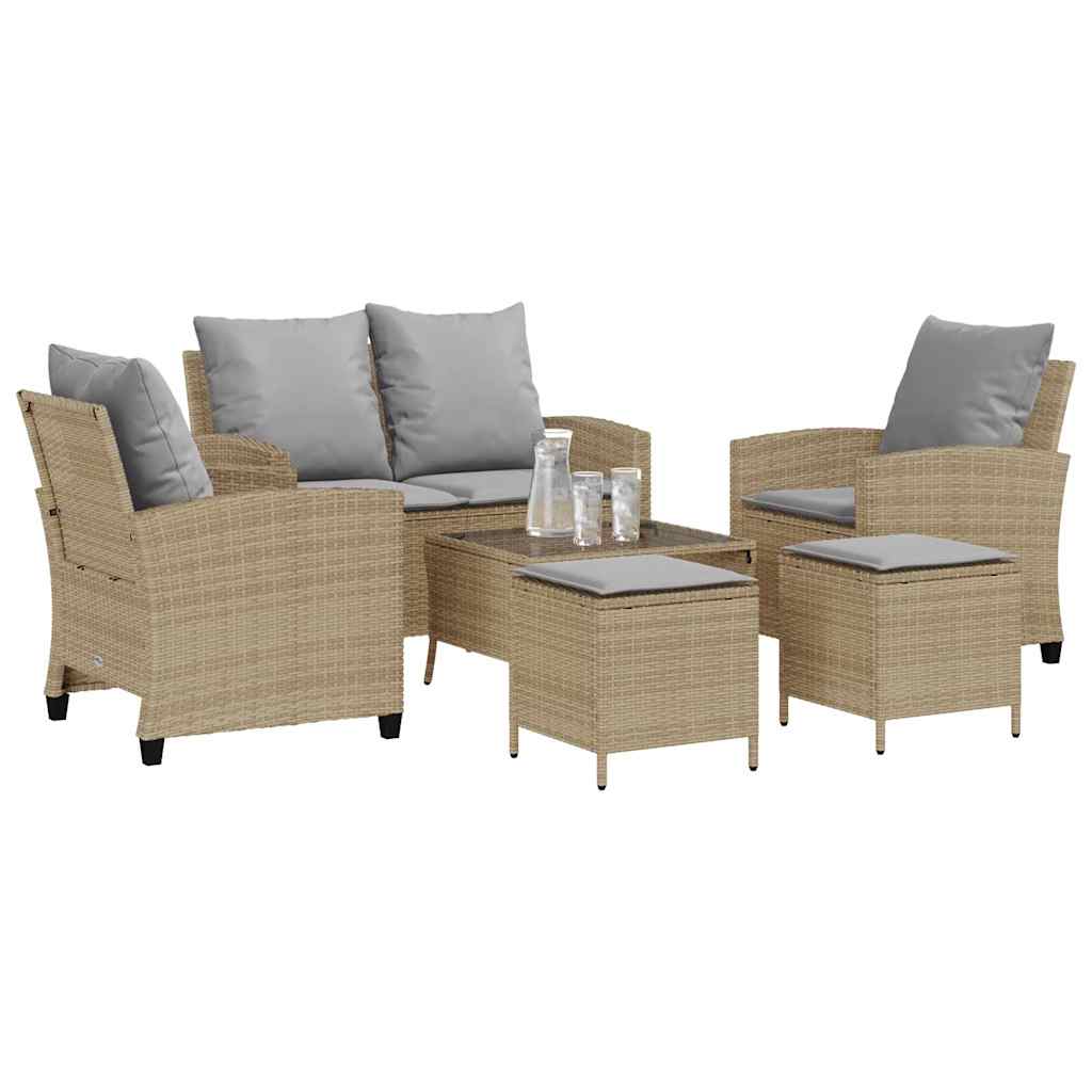 6 Pcs conjunto de sofás p/ jardim com almofadões vime PE bege