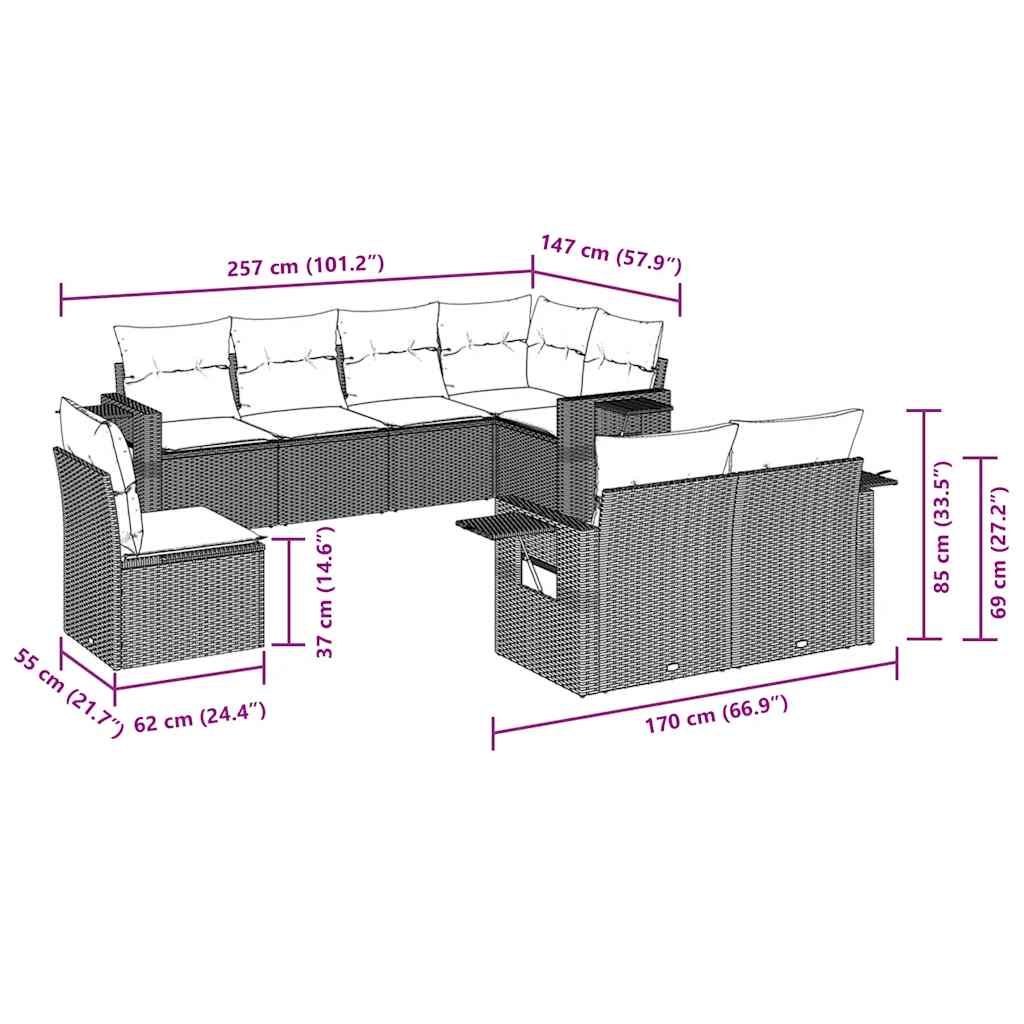 8 Pcs conjunto sofás de jardim com almofadões vime PE preto