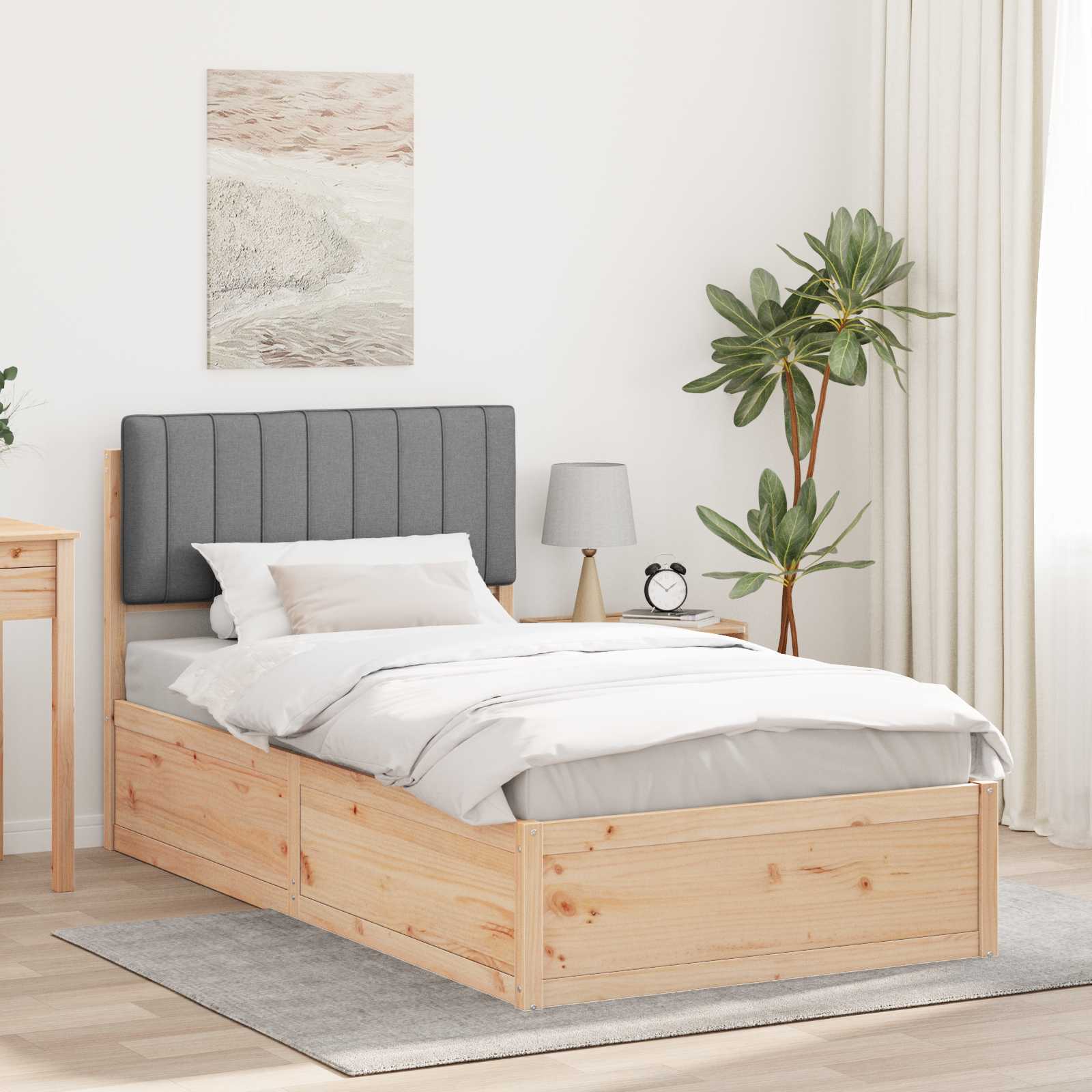 Estrutura de cama com cabeceira estofada cinzento-claro