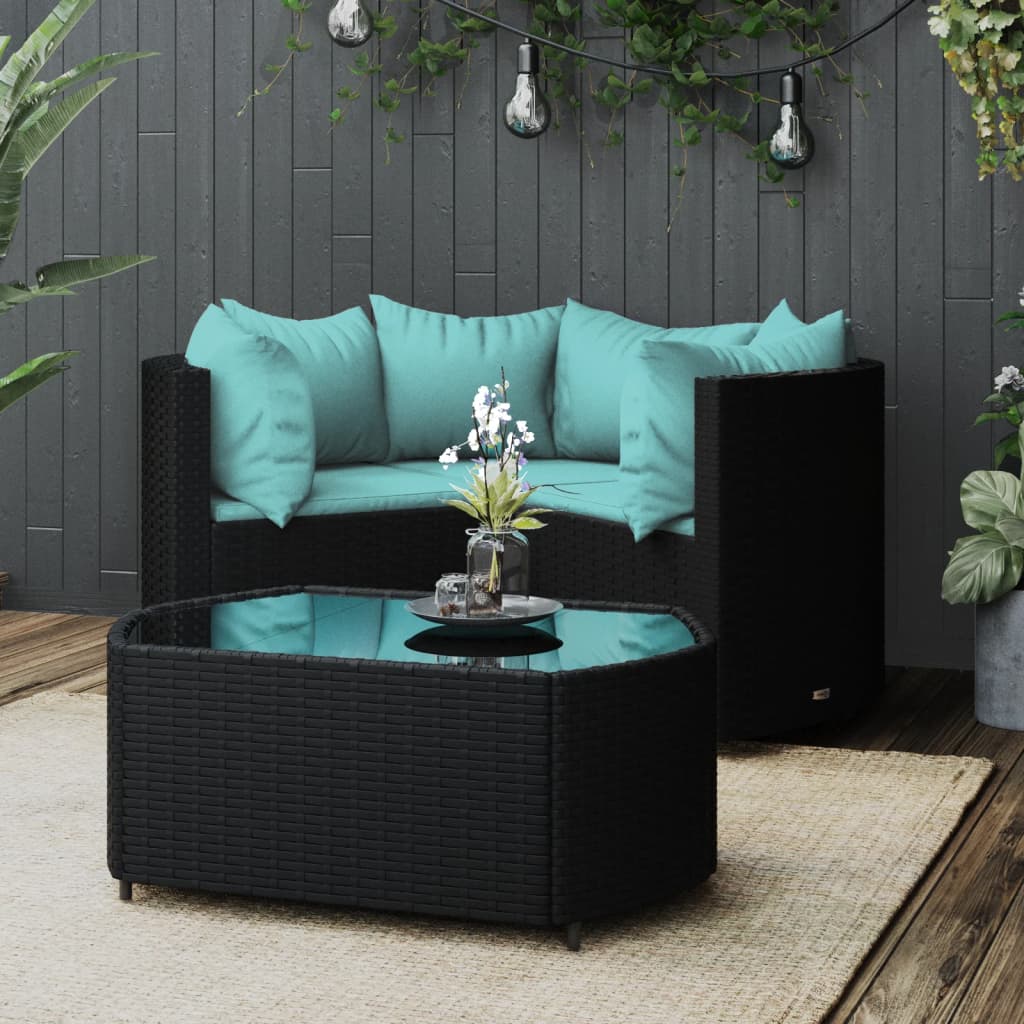 4 Pcs conjunto lounge de jardim c/ almofadões vime PE preto