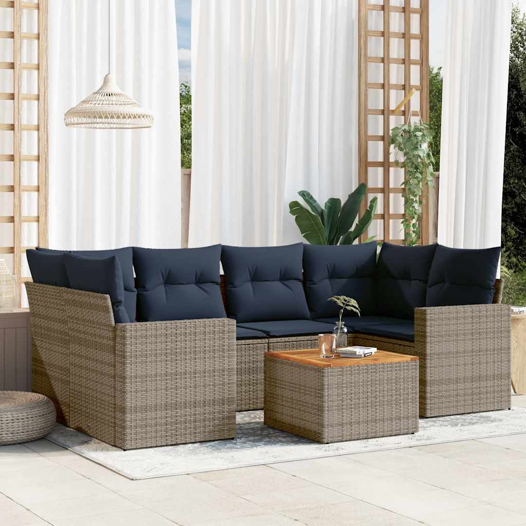 7 Pcs conjunto sofás p/ jardim c/ almofadões vime PE cinzento