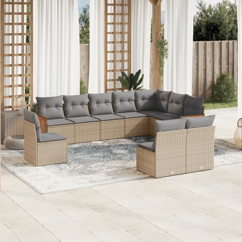 10 Pcs conjunto de sofás p/ jardim com almofadões vime PE bege