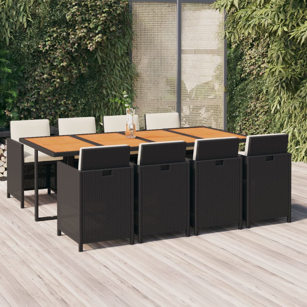 9 Pcs conjunto de jantar p/ jardim c/ almofadões vime PE preto