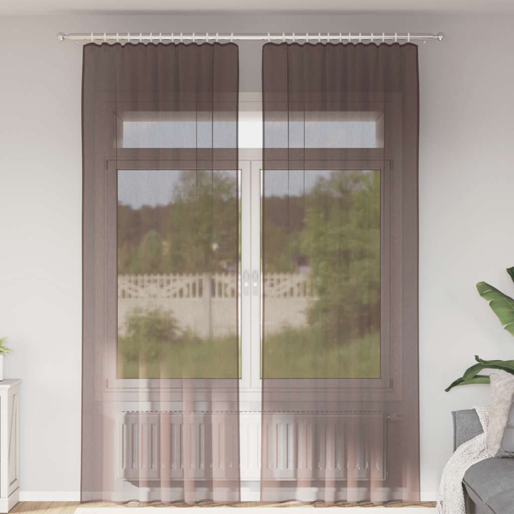 Cortinas de voile com bolsos para varão 2 pcs castanho