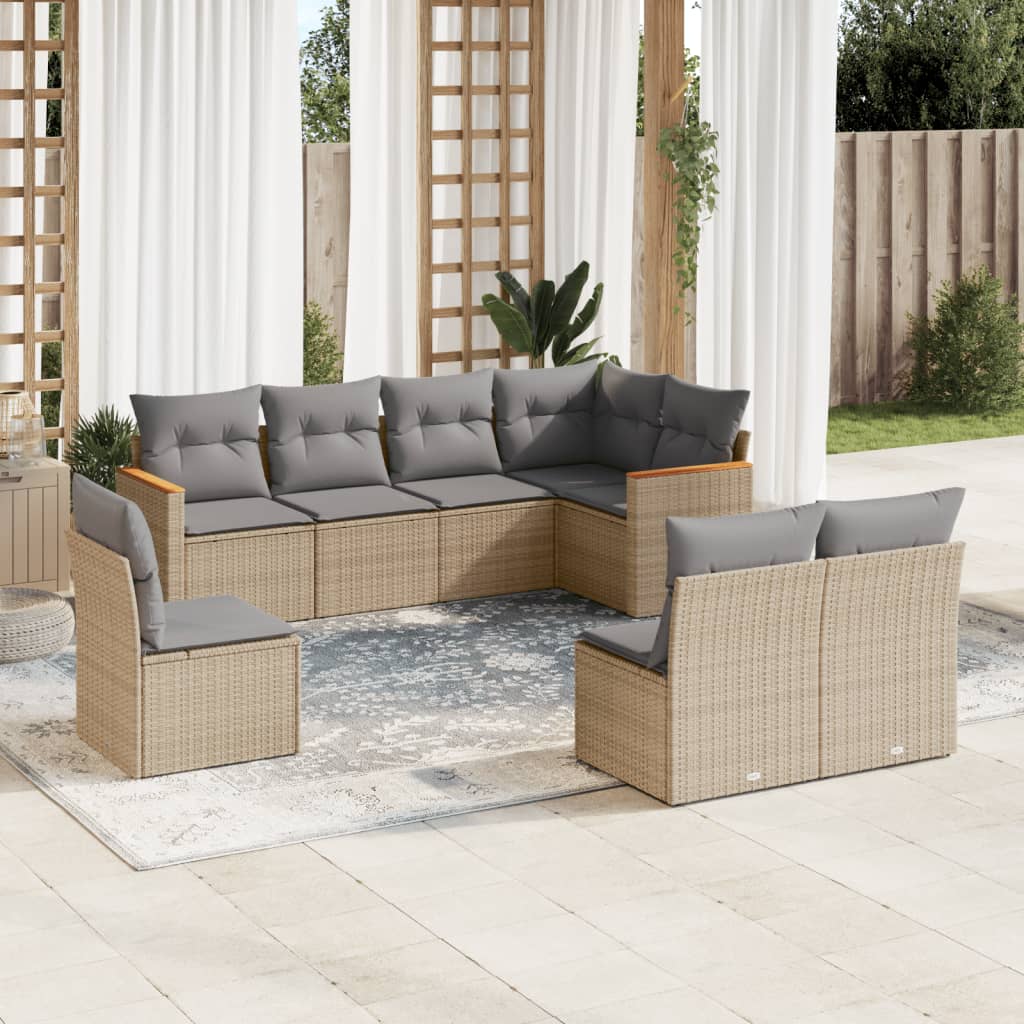 8 Pcs conj. sofás jardim c/ almofadões vime PE bege misturado