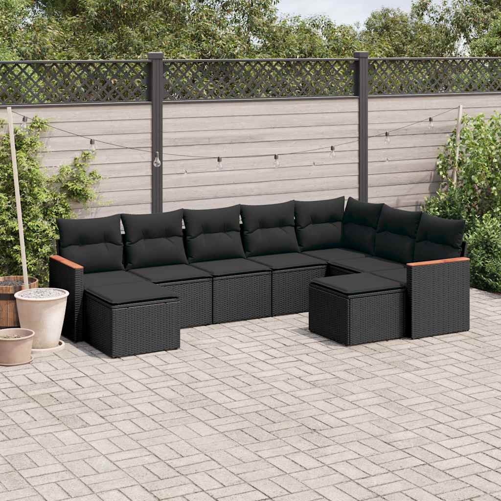 9 Pcs conjunto de sofás p/ jardim c/ almofadões vime PE preto