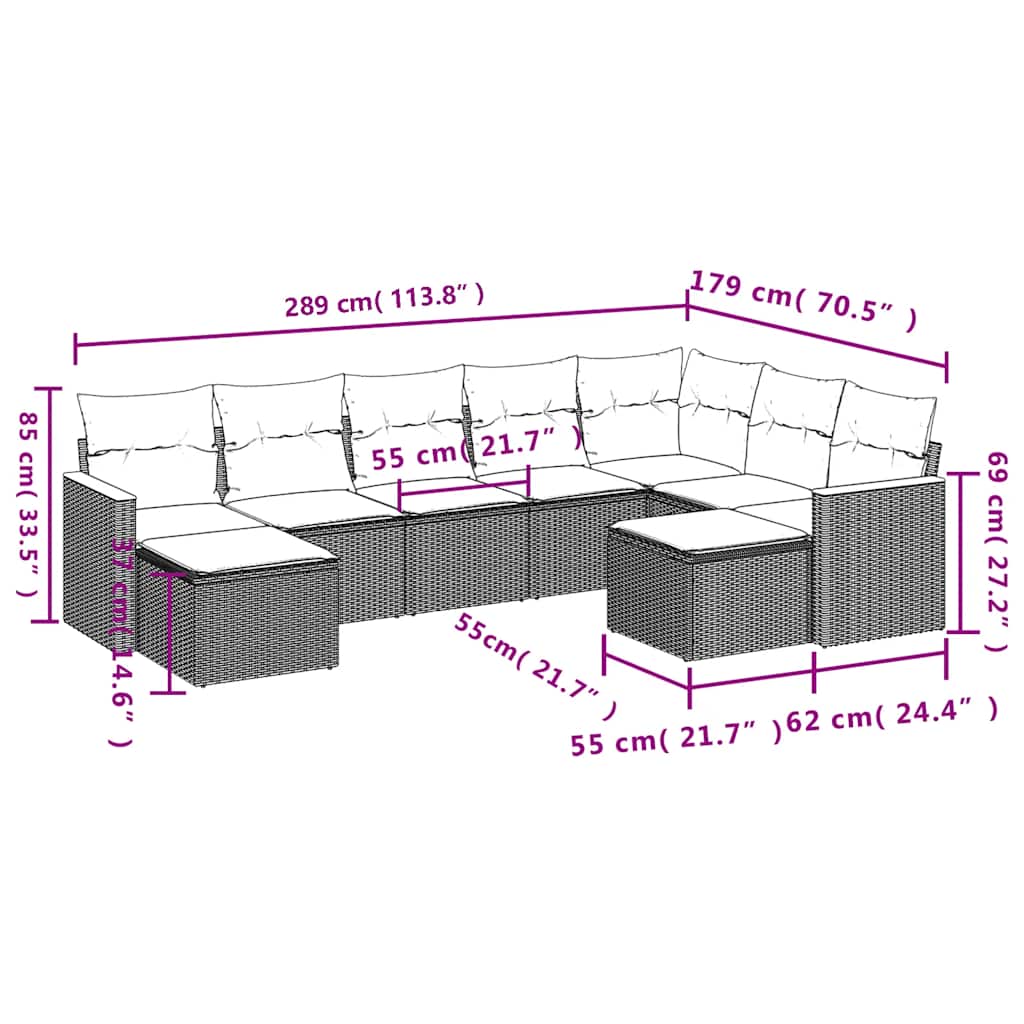 9 Pcs conjunto de sofás p/ jardim c/ almofadões vime PE preto