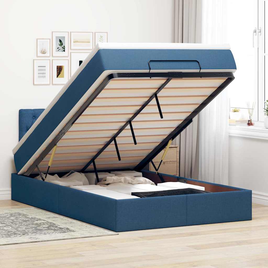 Cama otomana com colchão & leds tecido azul 120x200 cm