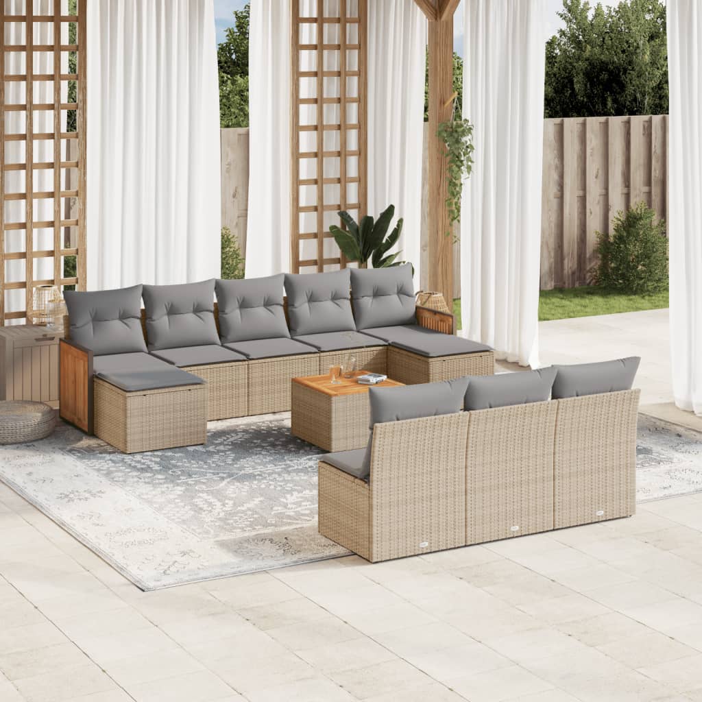 11 Pcs conjunto sofás de jardim c/ almofadões vime PE bege