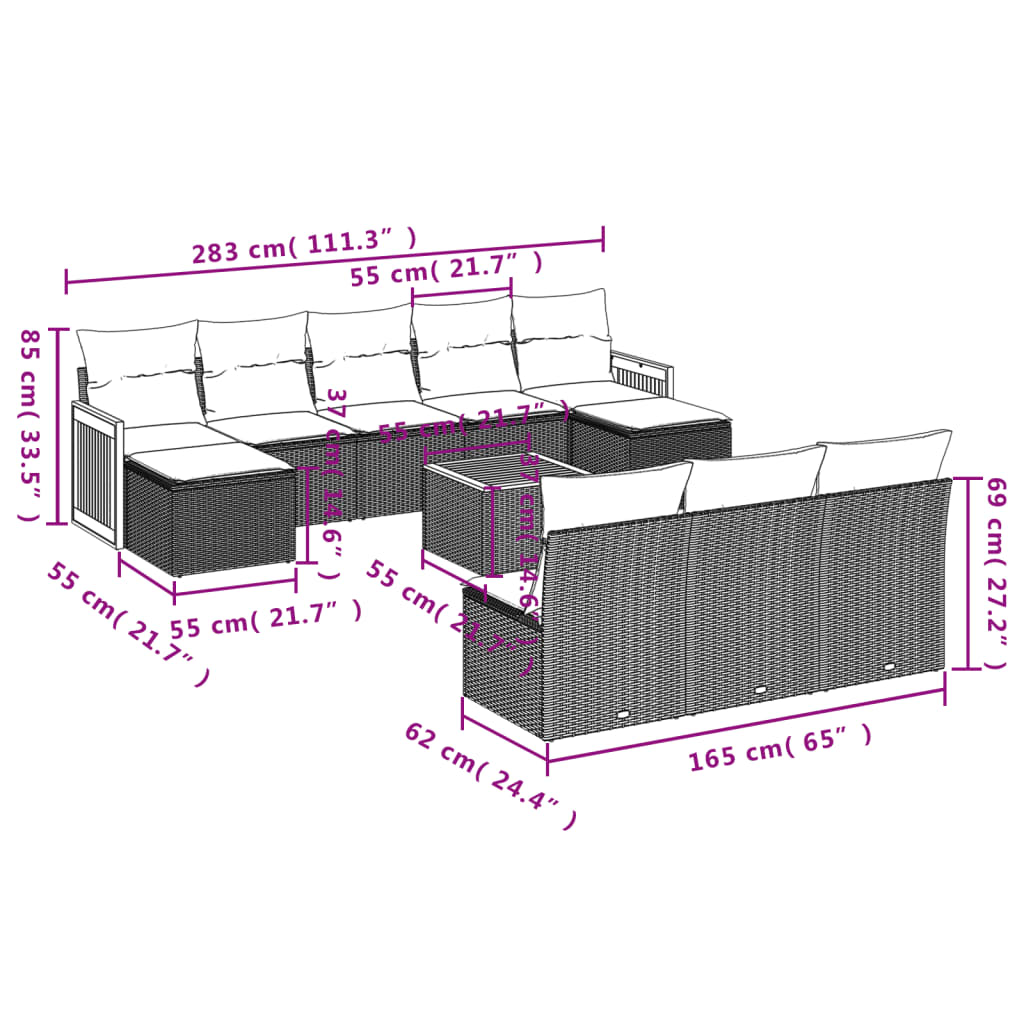 11 Pcs conjunto sofás de jardim c/ almofadões vime PE bege