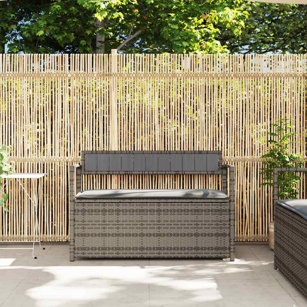 Banco de jardim com espaço de armazenamento e almofada, em rattan sintético cinza, da