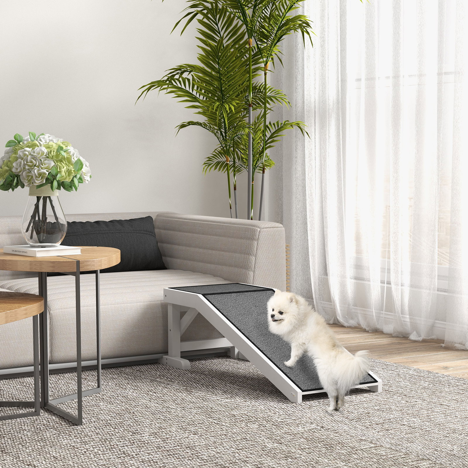 Rampa de madeira para animais com tapete antiderrapante para cães pequenos ou séniores 125x40x35,5 cm branco e cinza