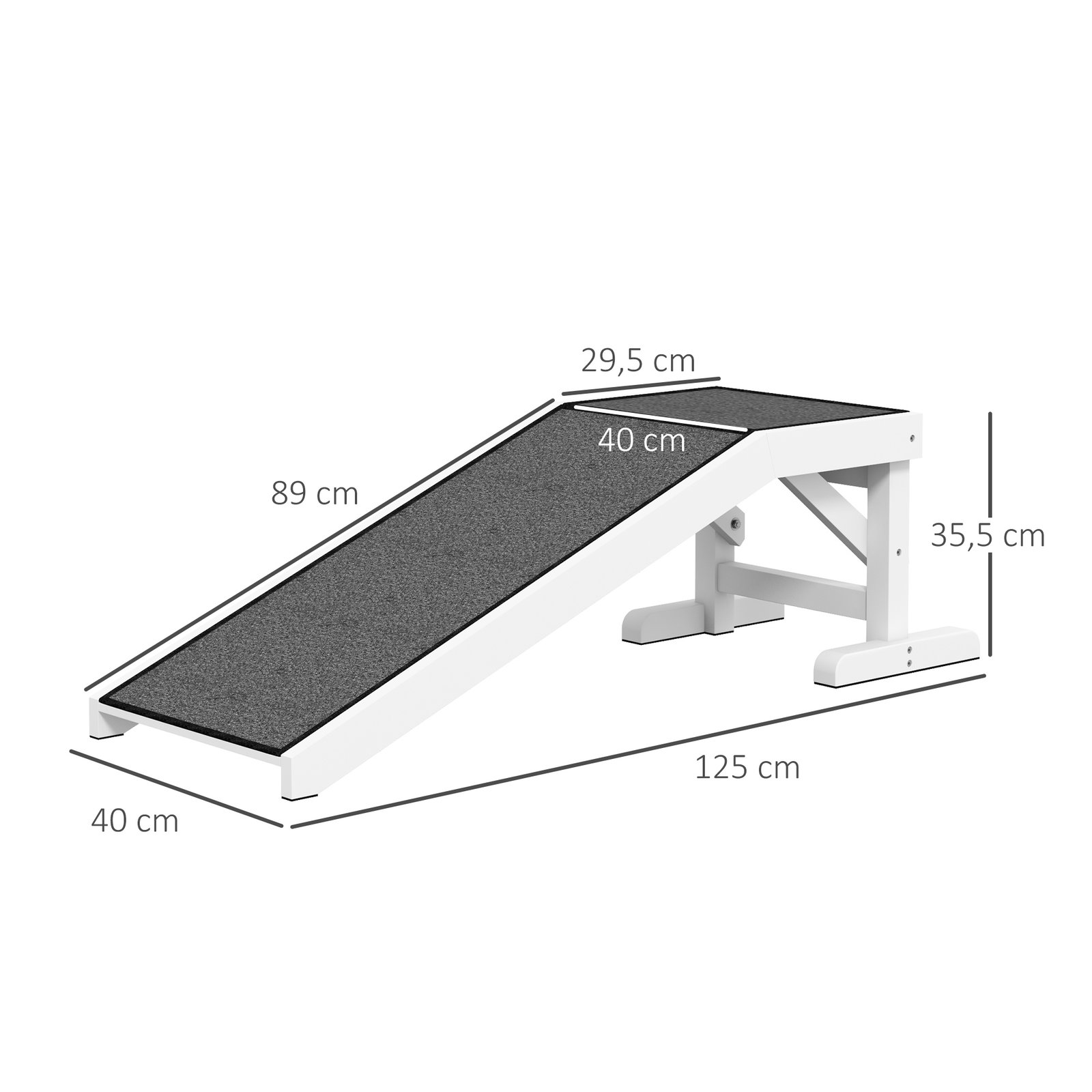 Rampa de madeira para animais com tapete antiderrapante para cães pequenos ou séniores 125x40x35,5 cm branco e cinza