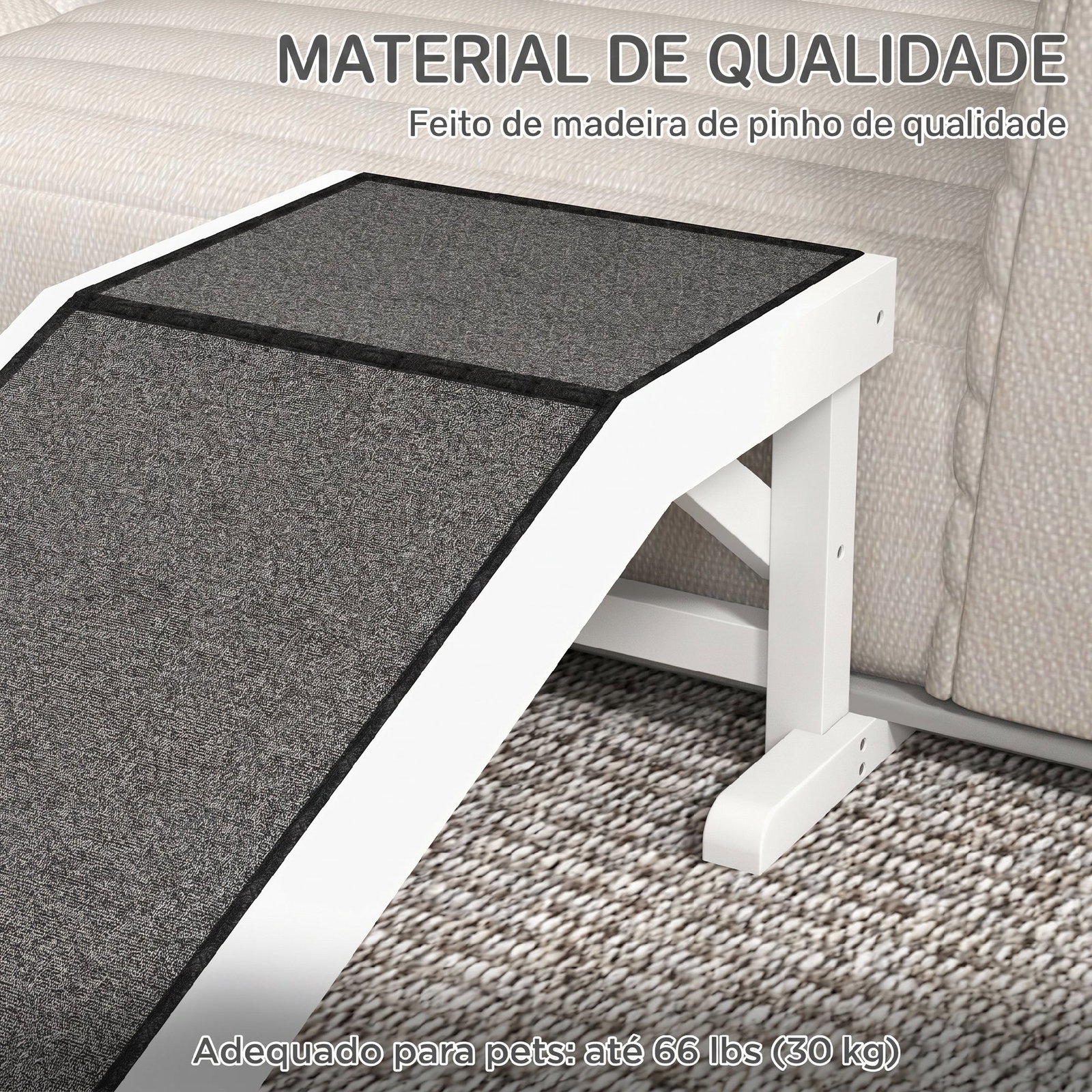 Rampa de madeira para animais com tapete antiderrapante para cães pequenos ou séniores 125x40x35,5 cm branco e cinza