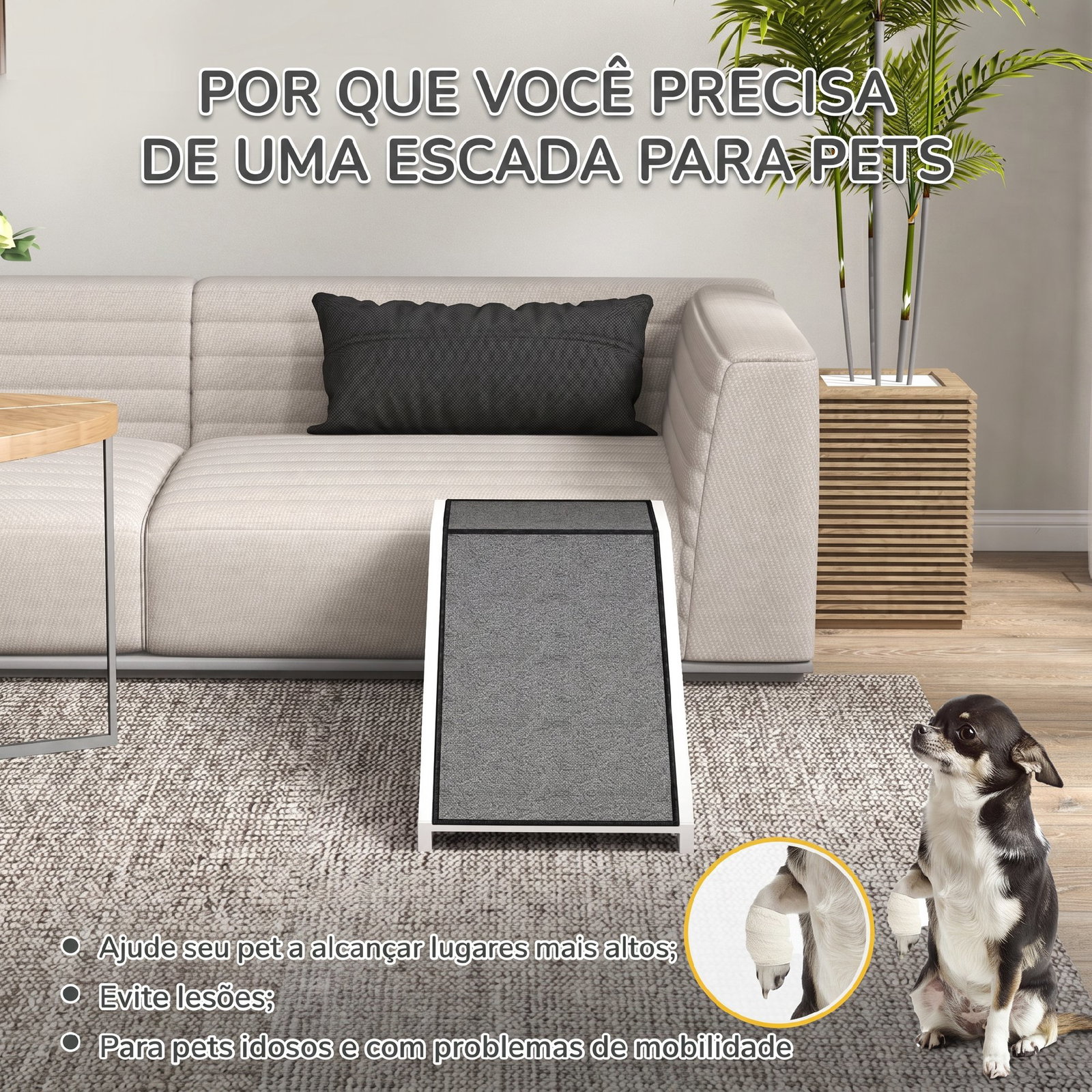 Rampa de madeira para animais com tapete antiderrapante para cães pequenos ou séniores 125x40x35,5 cm branco e cinza