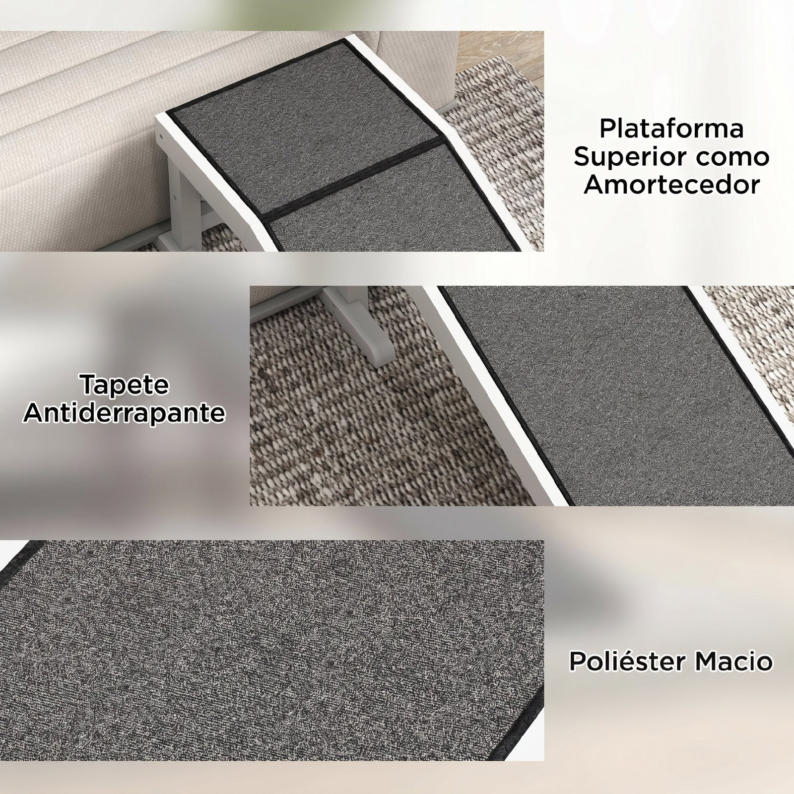 Rampa de madeira para animais com tapete antiderrapante para cães pequenos ou séniores 125x40x35,5 cm branco e cinza