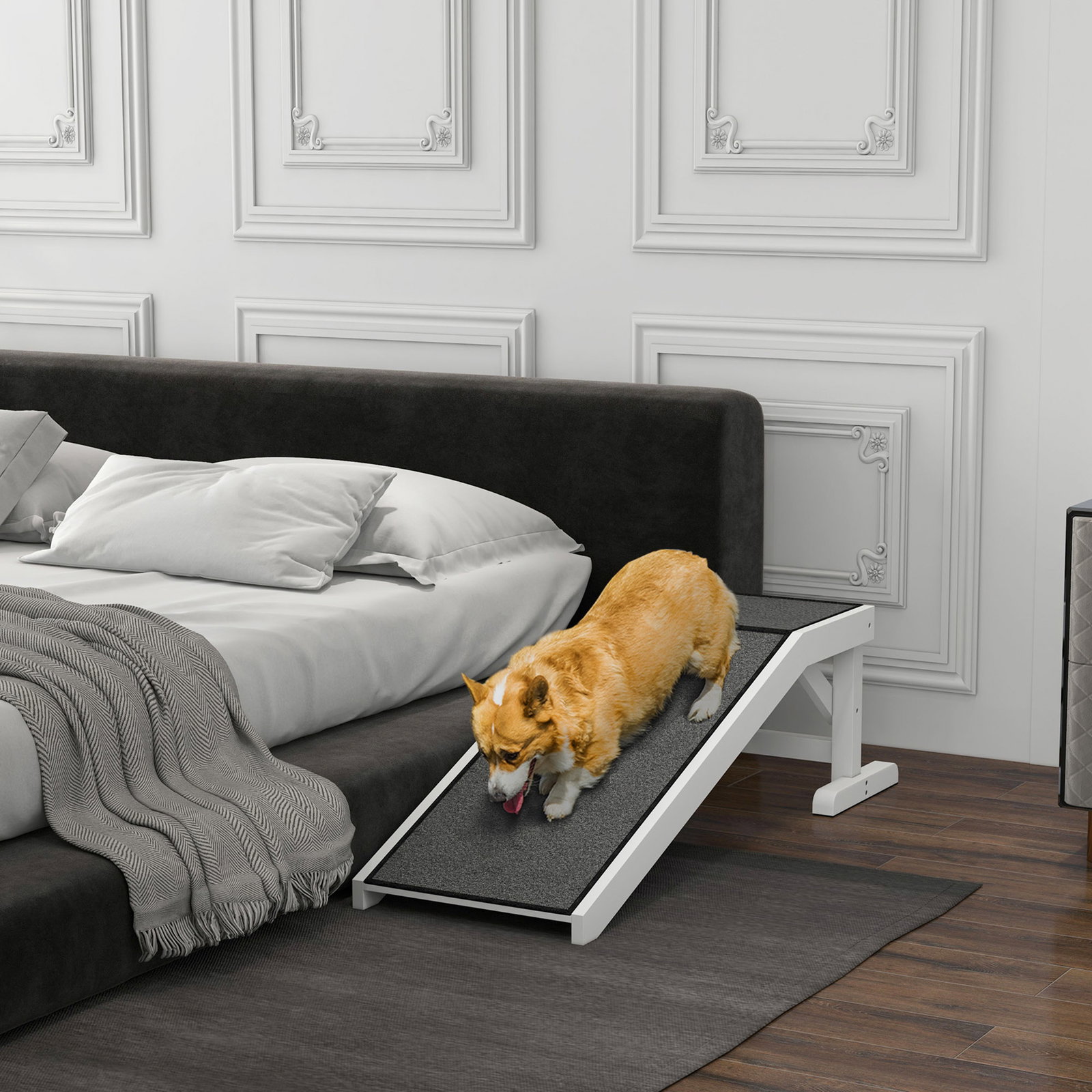Rampa de madeira para animais com tapete antiderrapante para cães pequenos ou séniores 125x40x35,5 cm branco e cinza