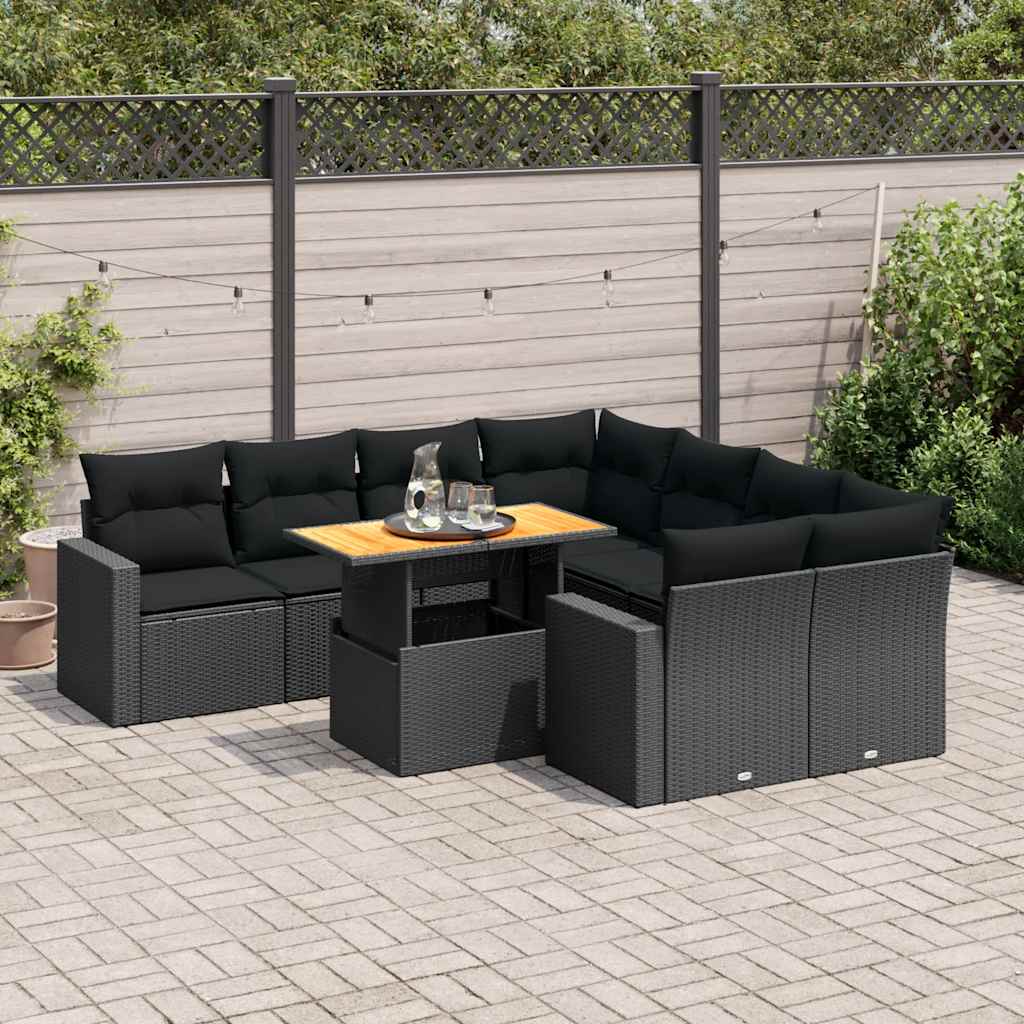 9 Pcs conjunto de sofás p/ jardim c/ almofadões vime PE preto