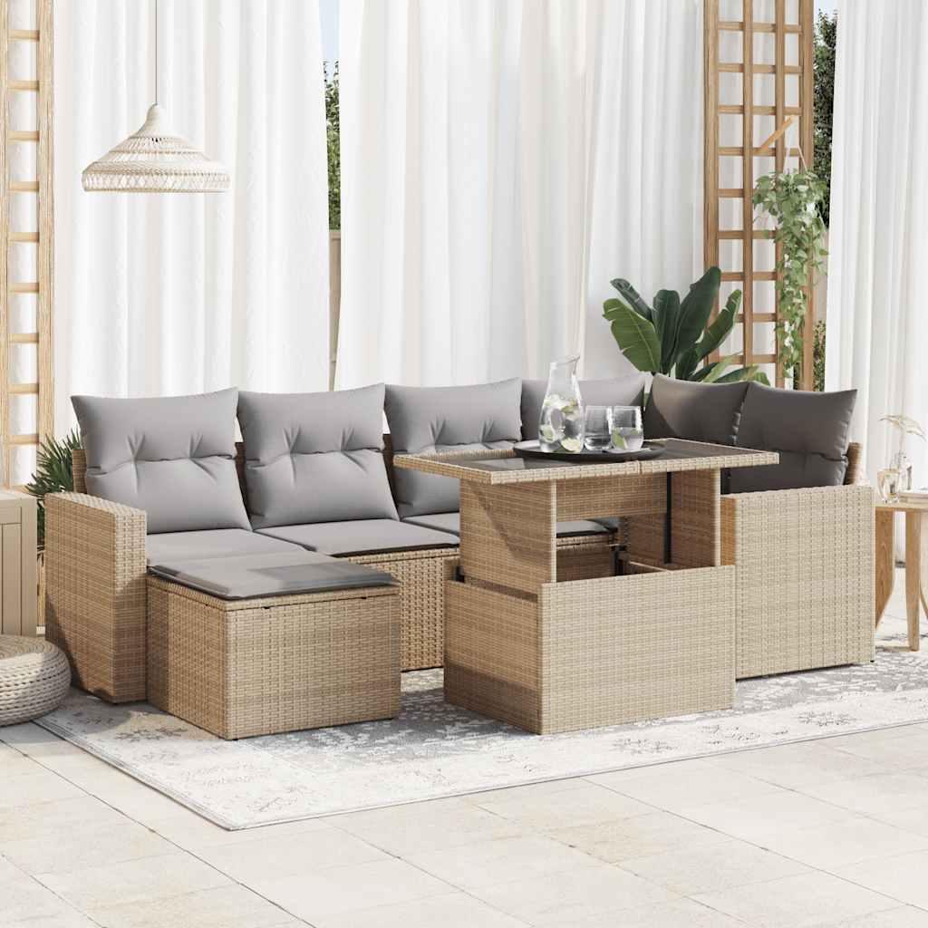 7 Pcs conjunto de sofás p/ jardim com almofadões vime PE bege