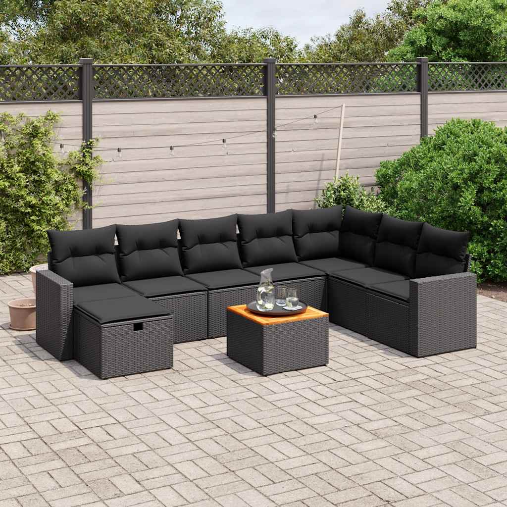 9 Pcs conjunto de sofás p/ jardim c/ almofadões vime PE preto