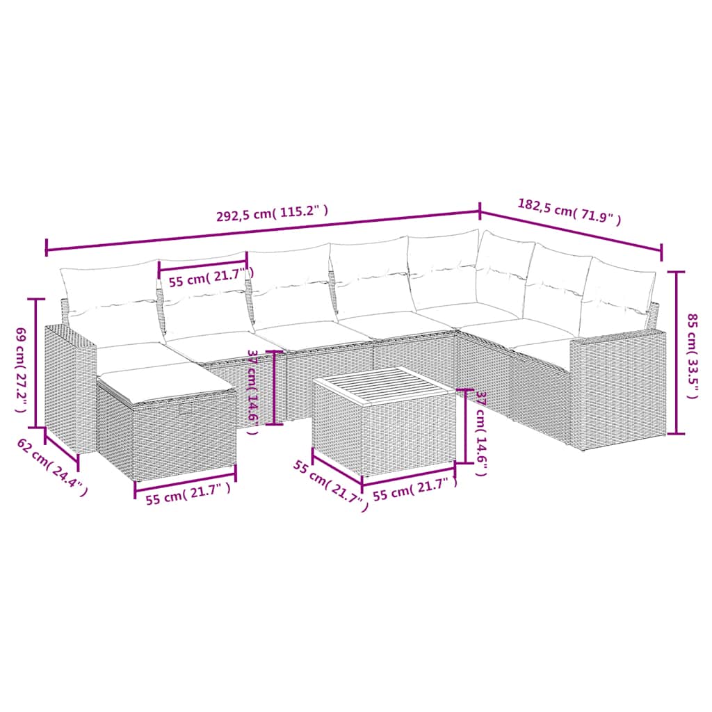 9 Pcs conjunto de sofás p/ jardim c/ almofadões vime PE preto