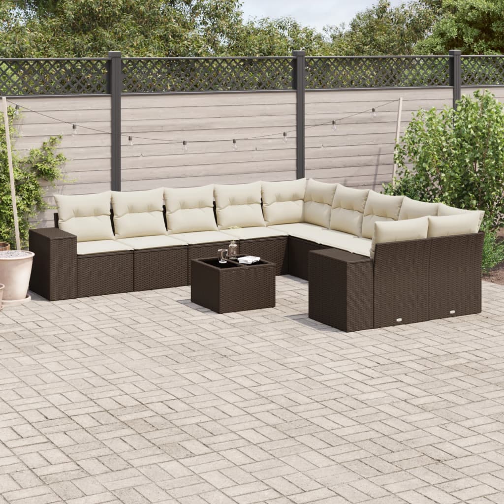 11 Pcs conjunto sofás de jardim c/ almofadões vime PE castanho